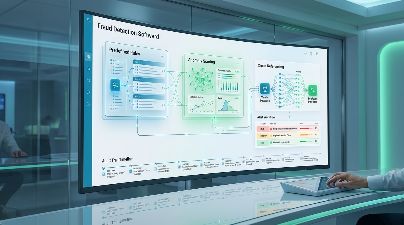 Embezzlement detection software dashboard showing real-time alert prioritization and transaction anomaly scoring