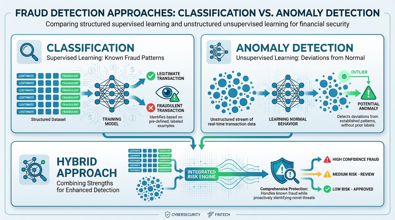 Comparison diagram of anomaly detection versus classification approaches in fraud analytics