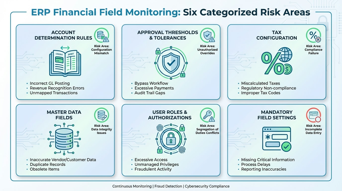 Dashboard showing critical ERP fields organized by risk category for financial control monitoring