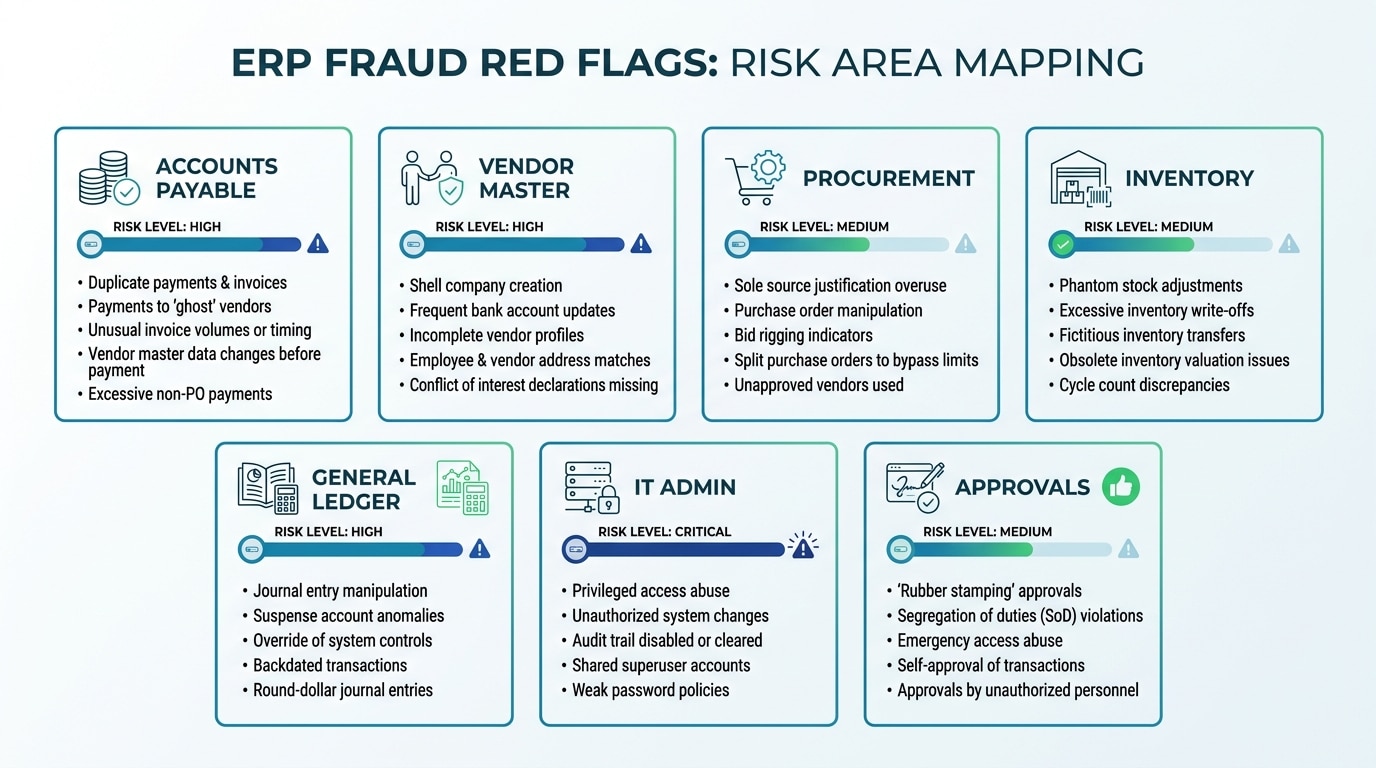 ERP fraud red flags mapped by risk area and module