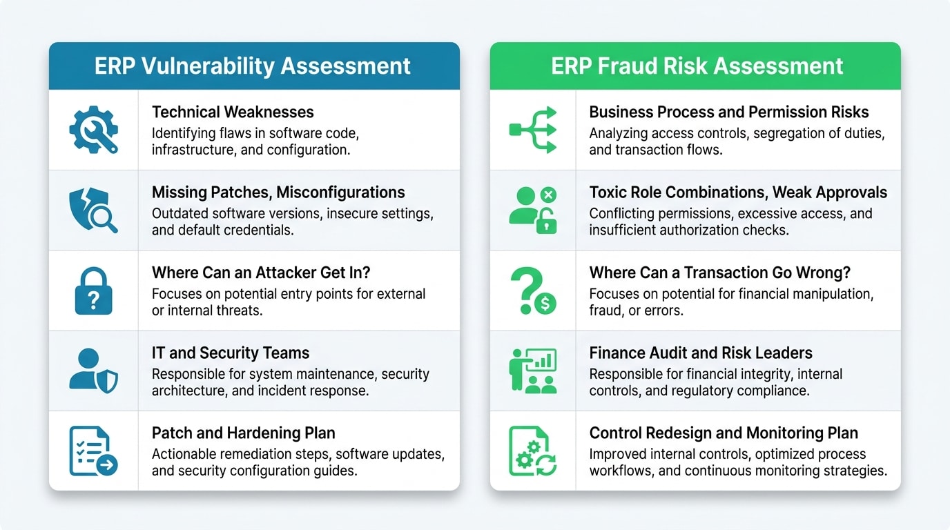 Comparison between ERP fraud risk assessment and ERP vulnerability assessment showing different focus areas
